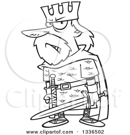 Lineart Clipart of a Cartoon Black and White Angry King, Macbeth, Holding a Sword - Royalty Free Outline Vector Illustration by toonaday