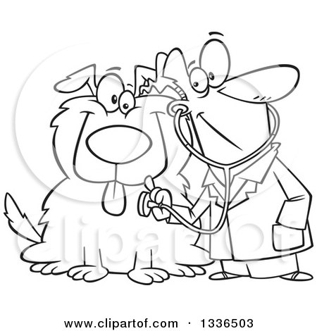 Lineart Clipart of a Cartoon Black and White Happy Male Veterinarian Using a Stethoscope on a Big Dog - Royalty Free Outline Vector Illustration by toonaday