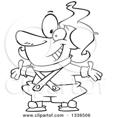 Lineart Clipart of a Cartoon Black and White Oompa Loopa Welcoming - Royalty Free Outline Vector Illustration by toonaday
