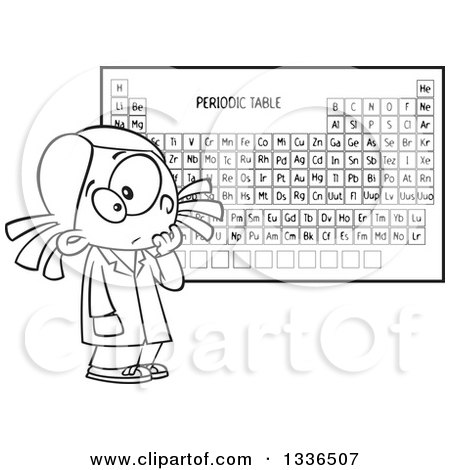 Lineart Clipart of a Cartoon Black and White School Girl Studying the Periodic Table of Elements - Royalty Free Outline Vector Illustration by toonaday