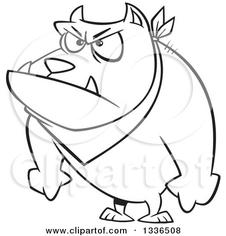 Lineart Clipart of a Cartoon Black and White Angry Pit Bull Dog with His Paws in Fists - Royalty Free Outline Vector Illustration by toonaday