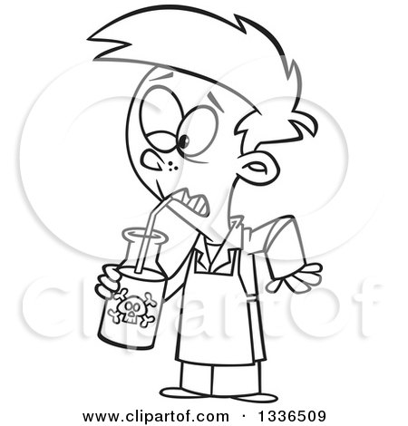 Lineart Clipart of a Cartoon Black and White Boy Drinking a Poisonous Concoction - Royalty Free Outline Vector Illustration by toonaday