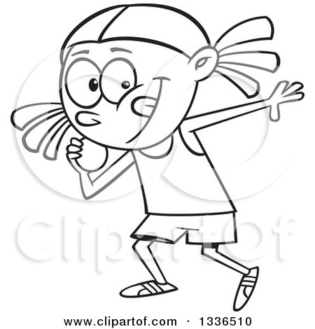 Lineart Clipart of a Cartoon Black and White African American Track and Field Girl Throwing a Shotput - Royalty Free Outline Vector Illustration by toonaday