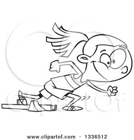 Lineart Clipart of a Cartoon Black and White African American Track and Field Girl Taking off for a Sprint - Royalty Free Outline Vector Illustration by toonaday