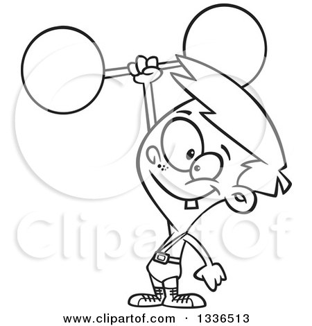 Lineart Clipart of a Cartoon Black and White Strong Boy Holding up a Barbell One Handed - Royalty Free Outline Vector Illustration by toonaday