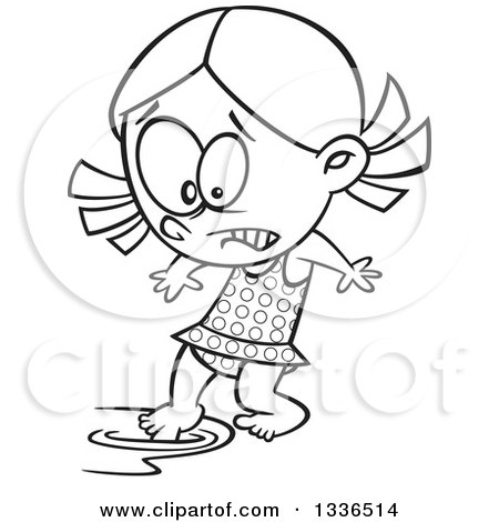 Lineart Clipart of a Cartoon Black and White Cold Swimmer Girl Testing the Water with a Toe - Royalty Free Outline Vector Illustration by toonaday