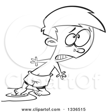 Lineart Clipart of a Cartoon Black and White Swimmer Boy Testing the Water with His Toe - Royalty Free Outline Vector Illustration by toonaday