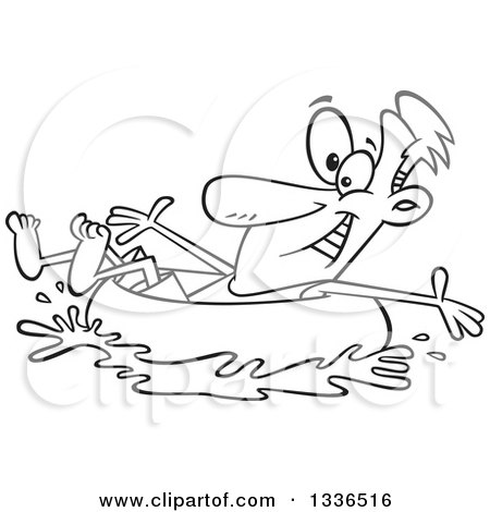 Lineart Clipart of a Cartoon Black and White Man Swimming and Inner Tubing - Royalty Free Outline Vector Illustration by toonaday