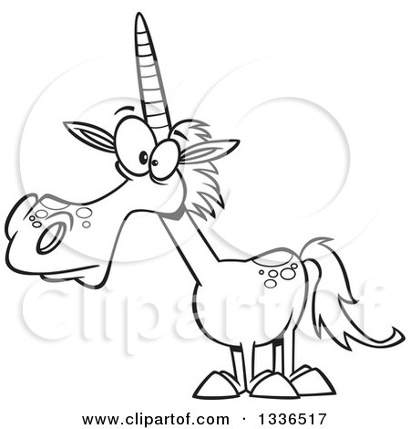 Lineart Clipart of a Cartoon Black and White Unicorn - Royalty Free Outline Vector Illustration by toonaday