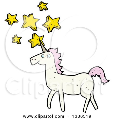 Clipart of a White Unicorn with Pink Hair and Stars - Royalty Free Vector Illustration by lineartestpilot