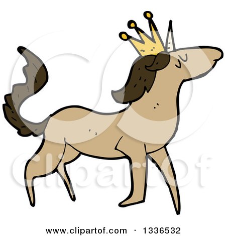 Clipart of a Cartoon Brown Unicorn Wearing a Crown - Royalty Free Vector Illustration by lineartestpilot