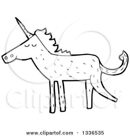 Lineart Clipart of a Cartoon Black and White Unicorn - Royalty Free Outline Vector Illustration by lineartestpilot