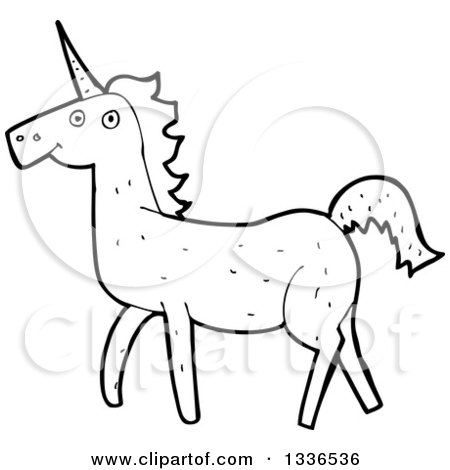 Lineart Clipart of a Cartoon Black and White Unicorn 2 - Royalty Free Outline Vector Illustration by lineartestpilot