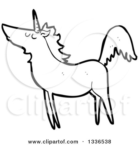 Lineart Clipart of a Cartoon Black and White Unicorn 4 - Royalty Free Outline Vector Illustration by lineartestpilot