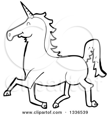 Lineart Clipart of a Cartoon Black and White Unicorn Running - Royalty Free Outline Vector Illustration by lineartestpilot