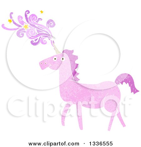 Clipart of a Textured Pink Unicorn with Magic Flowing from the Horn - Royalty Free Vector Illustration by lineartestpilot