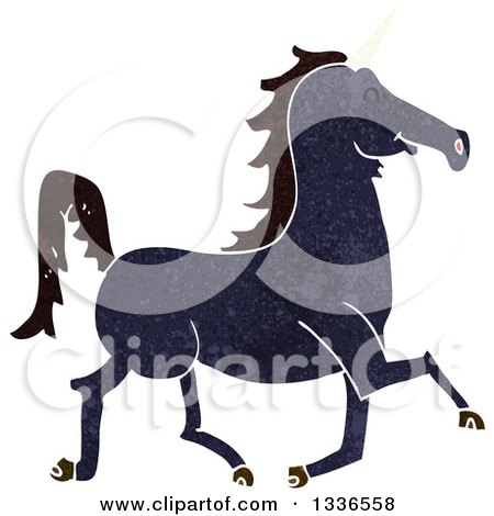 Clipart of a Textured Black Unicorn Running - Royalty Free Vector Illustration by lineartestpilot