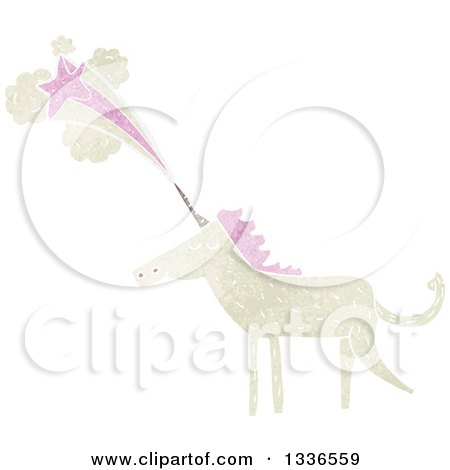 Clipart of a Textured White Unicorn with Pink Hair and a Shooting Star Emerging from His Horn - Royalty Free Vector Illustration by lineartestpilot