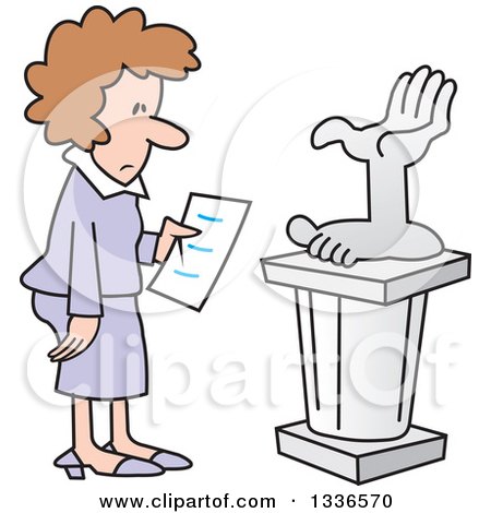Clipart of a Cartoon Brunette Caucasian Woman Looking at a Hand and Foot Art Sculpture in a Gallery - Royalty Free Vector Illustration by Johnny Sajem