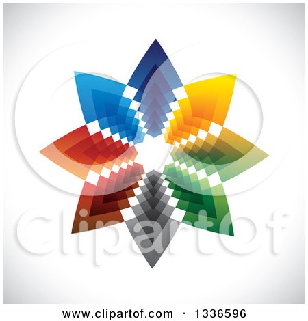 Clipart of a Colorful Star Logo of Arrows Pointing Outwards over Shading - Royalty Free Vector Illustration by ColorMagic
