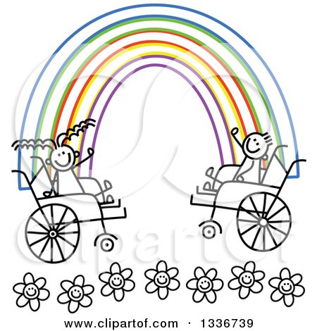 Clipart of a Doodled Black and White Disabled Boy and Girl in Wheelchairs, Waving at the Ends of a Colorful Rainbow, over Flowers - Royalty Free Vector Illustration by Prawny