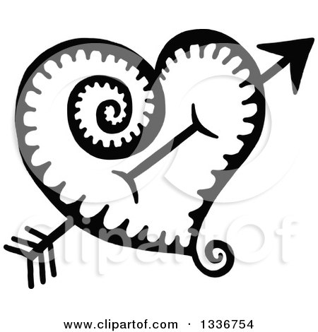 Clipart of a Sketched Doodle of a Black and White Cupids Arrow Through a Heart with a Spiral Tail - Royalty Free Vector Illustration by Prawny