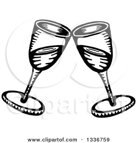 Clipart of a Sketched Doodle of Black and White Clinking Champagne Glasses - Royalty Free Vector Illustration by Prawny