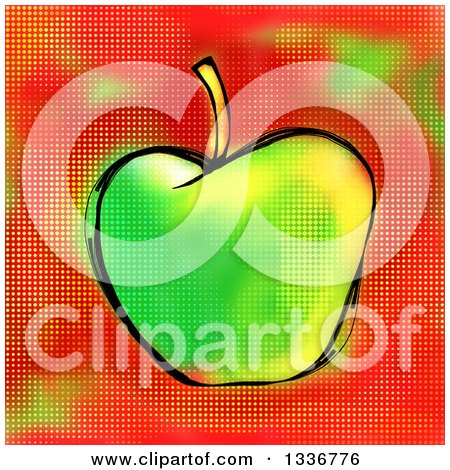 Clipart of a Screentone Textured Sketched Green Apple over Red - Royalty Free Illustration by Prawny