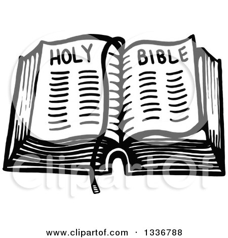 Clipart of a Sketched Doodle of a Black and White Open Holy Bible - Royalty Free Vector Illustration by Prawny