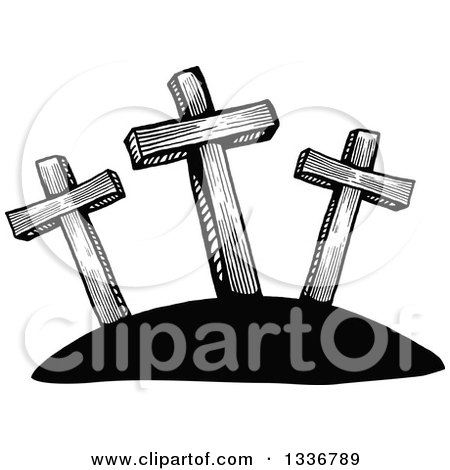 Clipart of a Sketched Black and White Doodle of Easter Calvary Crosses - Royalty Free Vector Illustration by Prawny