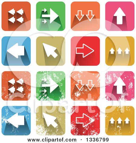 Clipart of Colorful Square Shaped Arrow Icons with Rounded Corners, Clean and Distressed Grungy Versions - Royalty Free Vector Illustration by Prawny