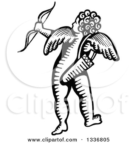 Clipart of a Sketched Doodle of a Black and White Cupid Shooting an Arrow - Royalty Free Vector Illustration by Prawny