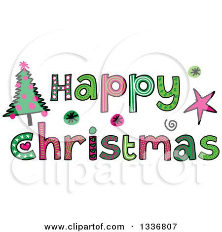 Clipart of Patterned Sketched Happy Christmas Text with a Tree - Royalty Free Vector Illustration by Prawny