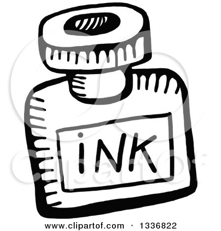 Clipart of a Sketched Doodle of a Black and White Ink Bottle - Royalty Free Vector Illustration by Prawny