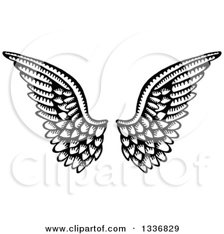 Clipart of a Sketched Black and White Doodle of a Pair of Feathered Angel Wings - Royalty Free Vector Illustration by Prawny