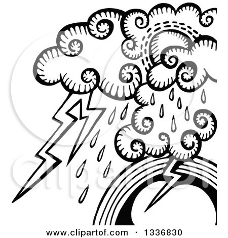 Clipart of a Sketched Black and White Doodle of Storm Clouds, Rain and Lightning over a Rainbow - Royalty Free Vector Illustration by Prawny