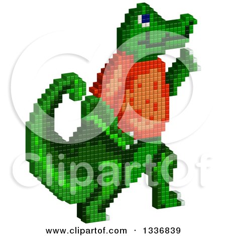 Clipart of a Pixel Styled Alligator Walking Upright and Wearing a Red Shirt, on White - Royalty Free Illustration by Prawny