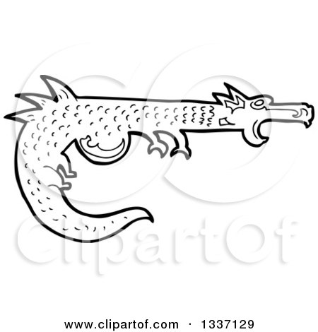 Lineart Clipart of a Black and White Medieval Dragon - Royalty Free Outline Vector Illustration by lineartestpilot
