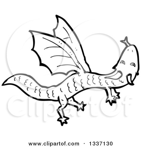 Lineart Clipart of a Black and White Dragon - Royalty Free Outline Vector Illustration by lineartestpilot