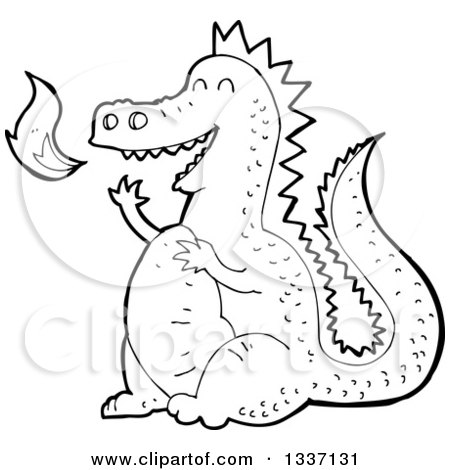Lineart Clipart of a Black and White Fire Breathing Dragon - Royalty Free Outline Vector Illustration by lineartestpilot