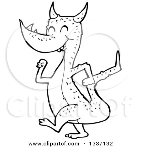 Lineart Clipart of a Black and White Walking Happy Dragon - Royalty Free Outline Vector Illustration by lineartestpilot
