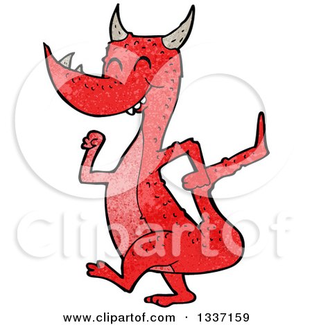 Clipart of a Textured Happy Red Dragon Walking - Royalty Free Vector Illustration by lineartestpilot