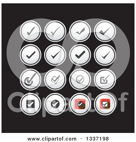 Clipart of Selection Tick Check Mark and Round App Icon Button Design Elements over Black - Royalty Free Vector Illustration by ColorMagic