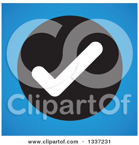 Clipart of a White Selection Tick Check Mark in a Black Circle over Blue App Icon Button Design Element - Royalty Free Vector Illustration by ColorMagic