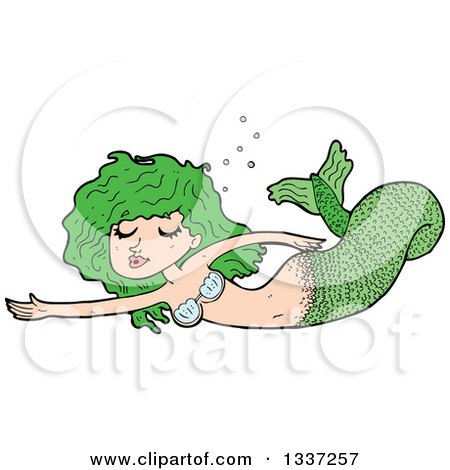 Clipart of a Cartoon Green White Mermaid Swimming - Royalty Free Vector Illustration by lineartestpilot