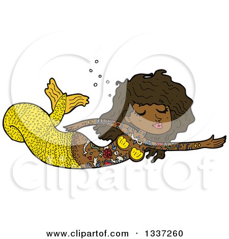 Clipart of a Cartoon Black Topless Tattooed Mermaid Swimming 2 - Royalty Free Vector Illustration by lineartestpilot