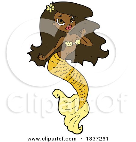 Clipart of a Cartoon Beautiful Black Mermaid with Long Hair and Yellow Tail - Royalty Free Vector Illustration by lineartestpilot