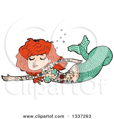 Clipart of a Cartoon Tattooed Red Haired White Mermaid Swimming - Royalty Free Vector Illustration by lineartestpilot