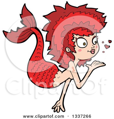 Clipart of a Cartoon Red White Mermaid Blowing a Kiss - Royalty Free Vector Illustration by lineartestpilot