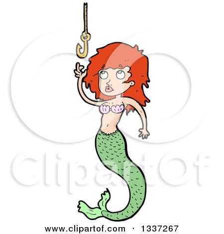 Clipart of a Cartoon Red Haired White Mermaid Reaching for a Hook - Royalty Free Vector Illustration by lineartestpilot